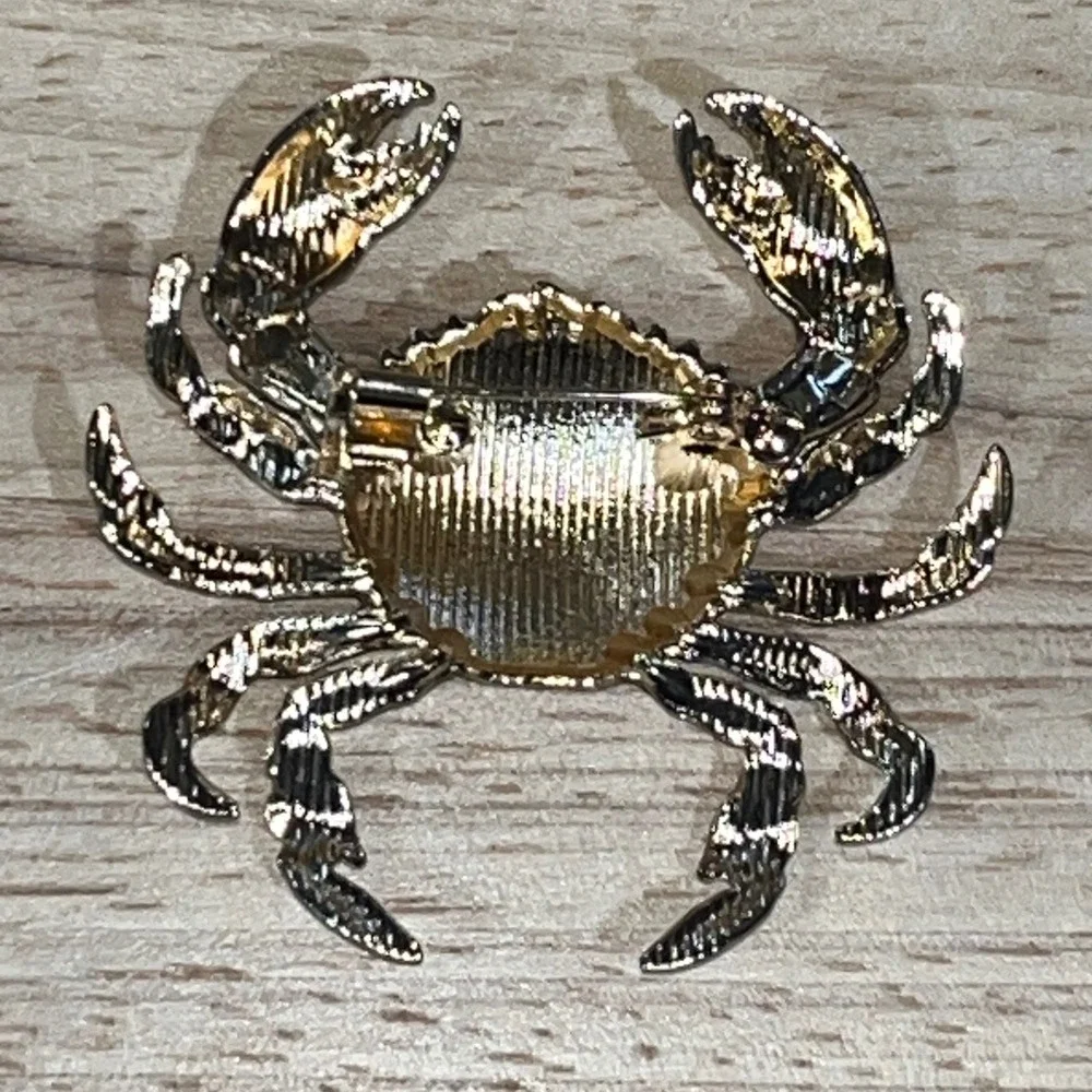 New Enamel Crab Brooch Women Brown Gold Tone Nautical Coastal Pin